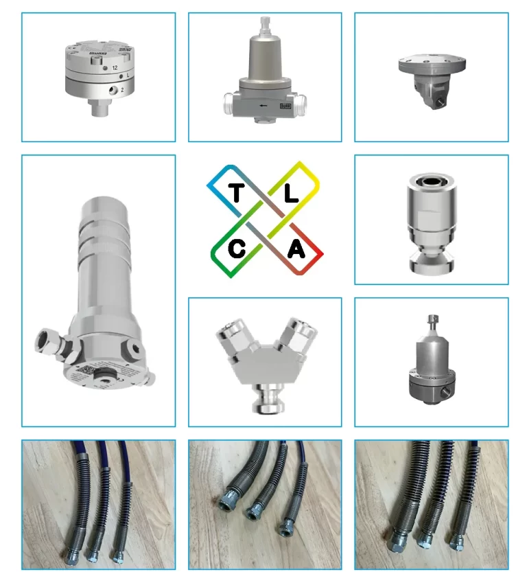 Close‑up van industriële lakaccessoires zoals filter, drukregelaar en spuitpistool in TLCA‑laklijn
